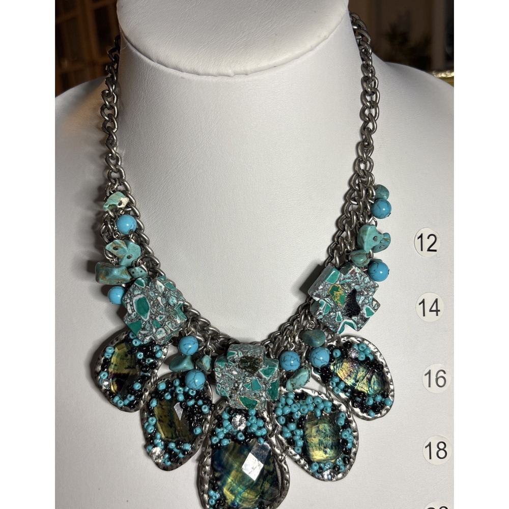 Faux Turquoise Mosaic Beaded Bib Necklace Mixed Media Statement Jewelry